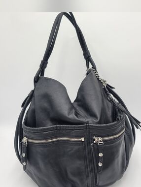 OLIVIA HARRIS Black Leather Hobo Bag with Zipper Pockets